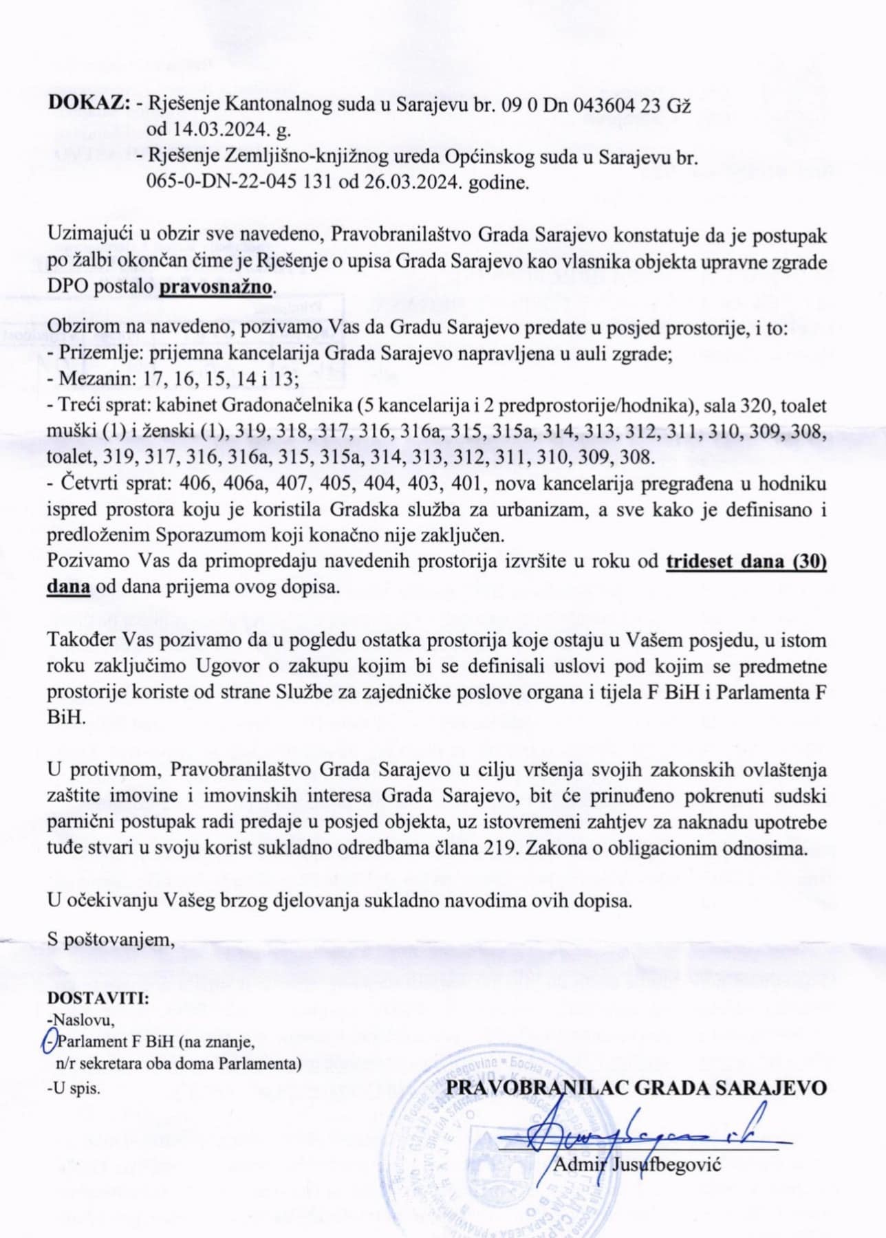Parlament FBiH dobio rok od 30 dana da se iseli iz zgrade na Skenderiji