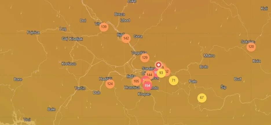 Vecerasnji podaci po mjernim stanicama u Sarajevu