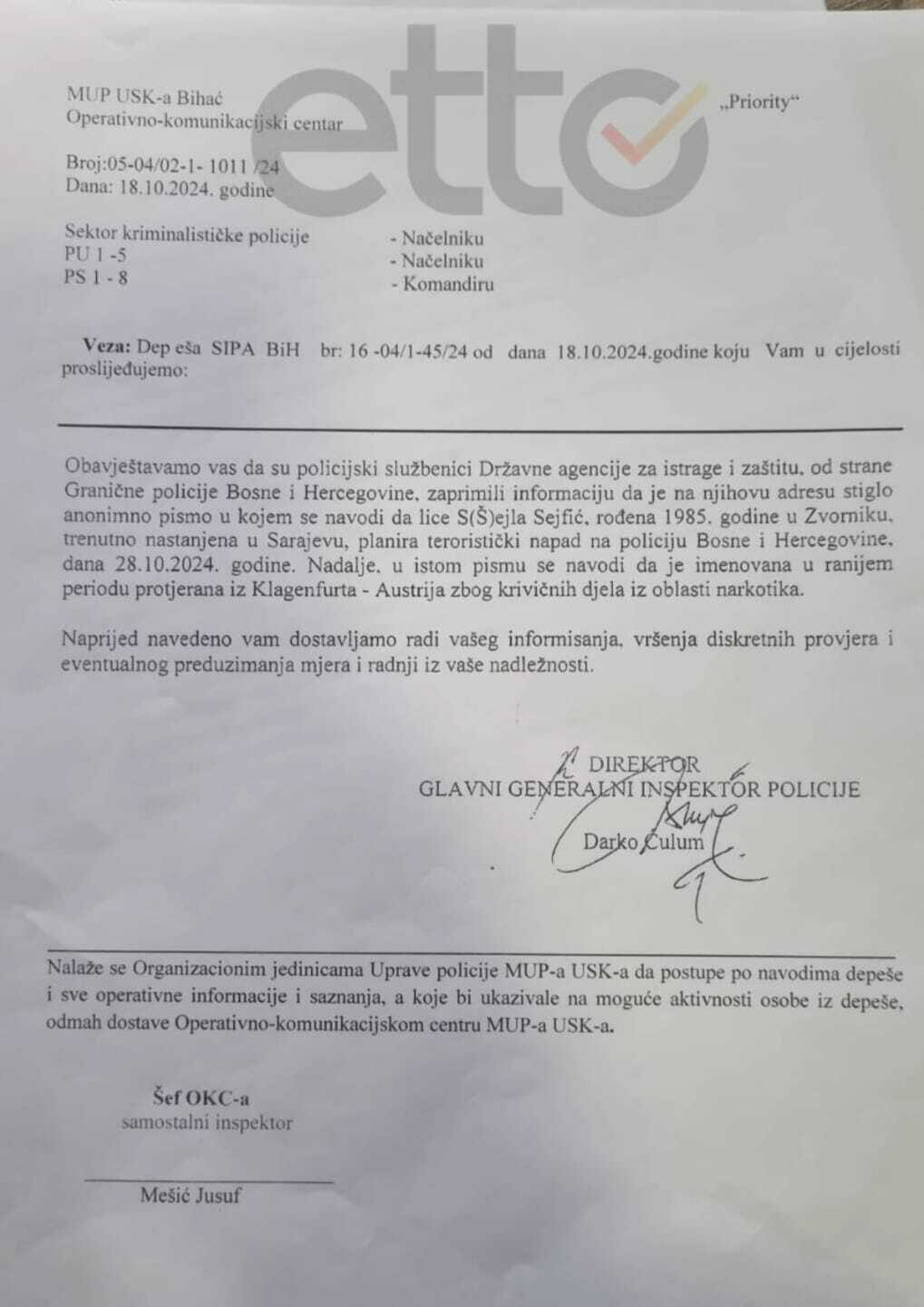 Depeša SIPA-e: Operativne informacije o licu koje planira napade na policijske stanice u BiiH