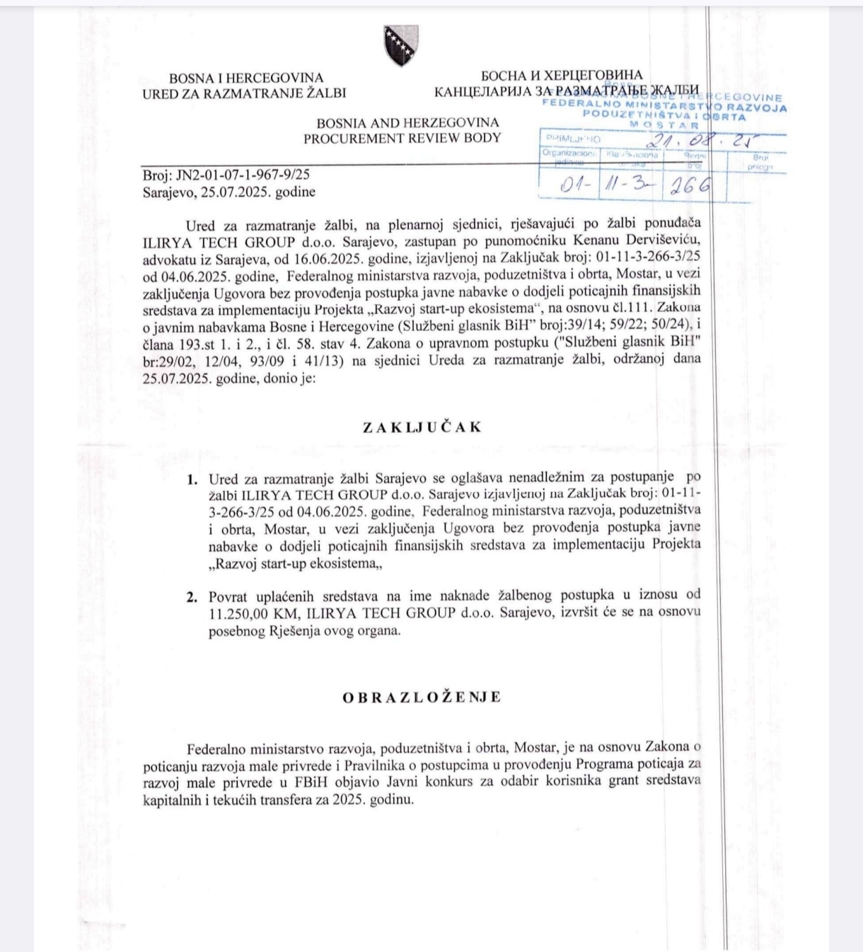 Zaključak Ureda za razmatranje žalbi 1