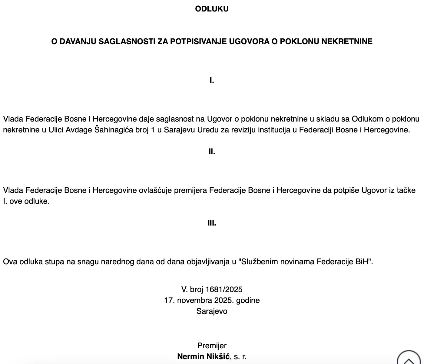 Odluka poklanja nekretninu u Sarajevu