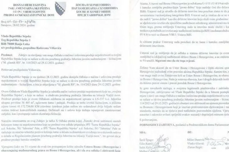Pismo Vladi RS Zastupnici Parlamenta BiH Jahorina