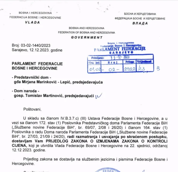 Prijedloga Zakona o izmjenama Zakona o kontroli cijena