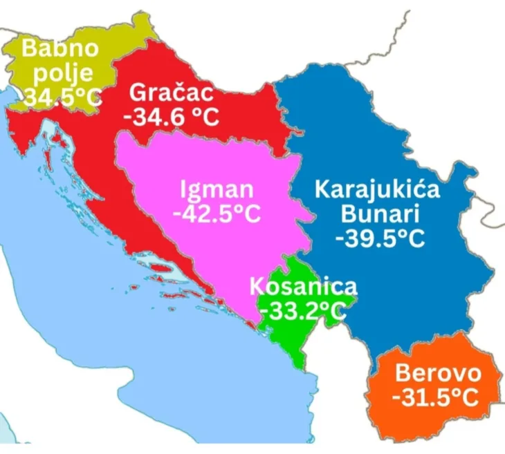 hladnoća najniže temperature ikad zabilježene u zemljama regije
