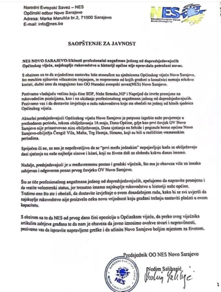 Opcina Novo Sarajevo Narodni evropski savez