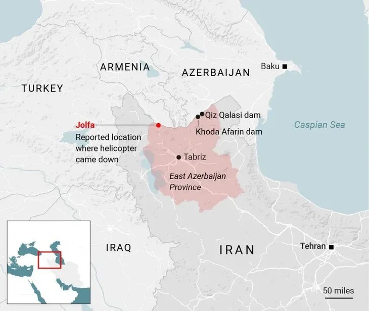 Iran helikopterska nesreća Ebrahim Raisi karta