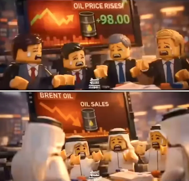 Kadar iz iranskog propagandnog videa prikazuje figure u stilu Lego kockica kako panicare dok cijene nafte rastu a prodaja pada
