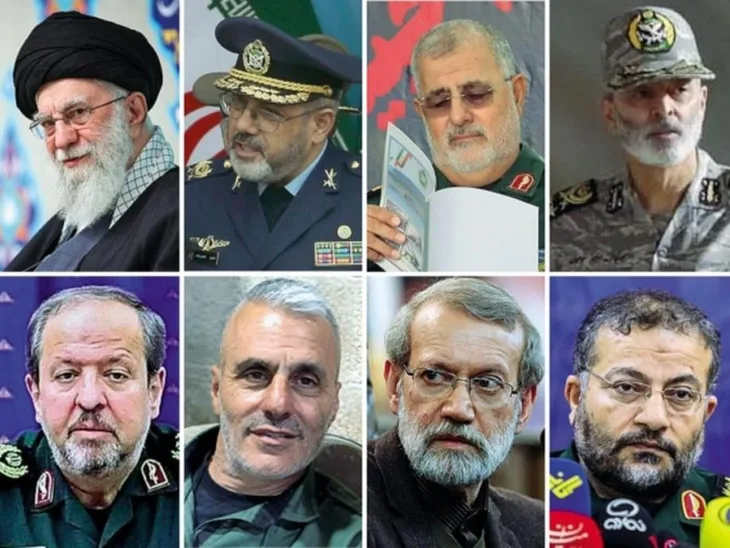 Iran 03 ubijeni lideri  Ali Khamenei; ministar odbrane Nasirzadeh; šef ​​IRGC-a Pakpour; i komandant vojske Mousav. Od dolje lijevo: Majid ibn Al-Reza; Abu Dharr Mohammadi, Ali Larijani i Soleimani