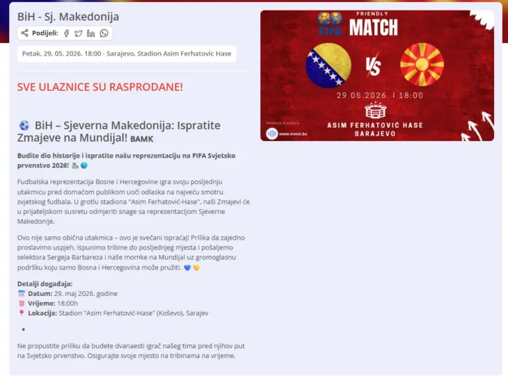 Rasprodate sve ulaznice za utakmicu Bi H i Sjeverne Makedonije