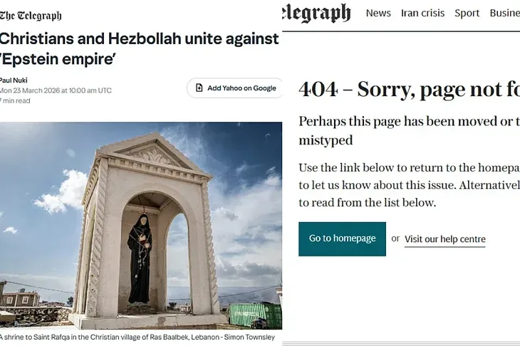 Britanski Telegraph objavio pa povukao clanak Krscani i Hezbolah ujedinjeni protiv Epsteinovog carstva