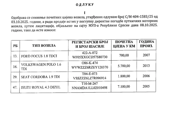 Faksimil odluke MUP a RS o prodaji vozila