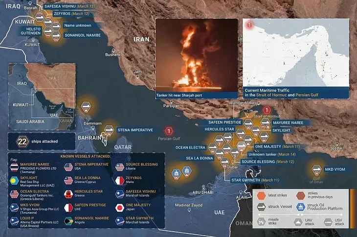 Hormuski moreuz Lokacije na kojima su do sada gađani tankeri i transportni brodovi (Foto: Telegram)