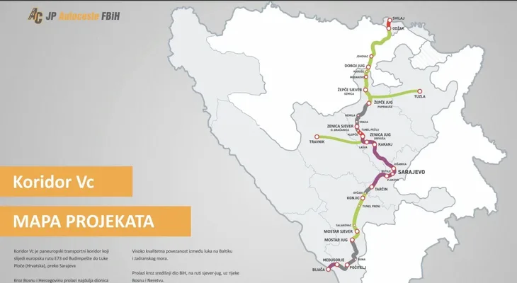 Mapa projekata JP Autoceste F Bi H na Koridoru 5 C