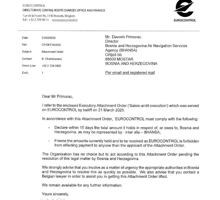 Pismo Eurocontrola koje je dobila BHANSA 1