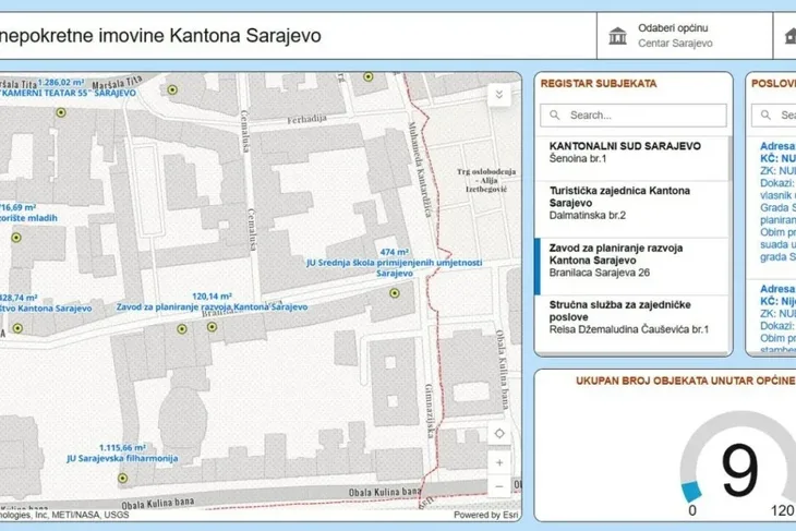 Primjer prikaza iz online baze podataka o imovini KS