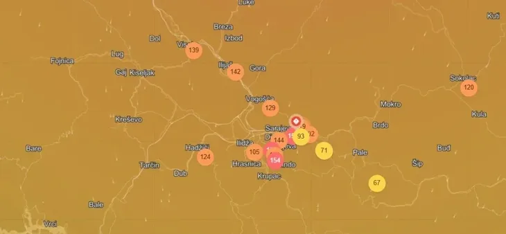 Vecerasnji podaci po mjernim stanicama u Sarajevu