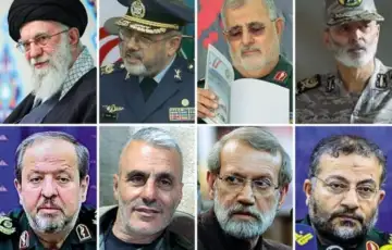 Iran 03 ubijeni lideri  Ali Khamenei; ministar odbrane Nasirzadeh; šef ​​IRGC-a Pakpour; i komandant vojske Mousav. Od dolje lijevo: Majid ibn Al-Reza; Abu Dharr Mohammadi, Ali Larijani i Soleimani