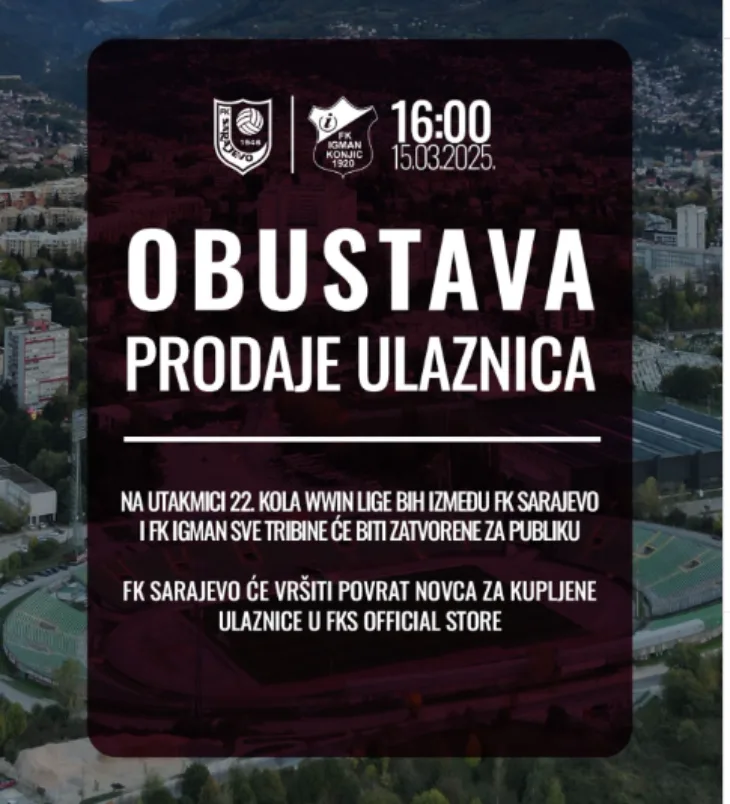FK Sarajevo u subotu igra pred praznim tribinama Koseva